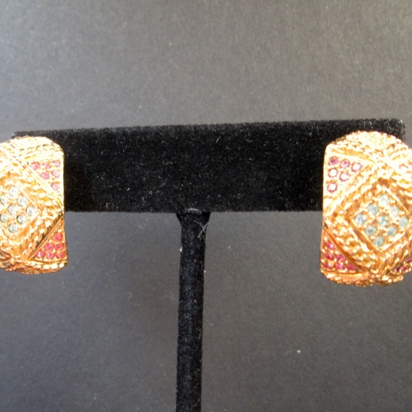 ✨ D'ORLAN 22K Gold Plated Pastel Multicolour Swarovski Crystal Half Hoops Signed - Picture 8 of 15